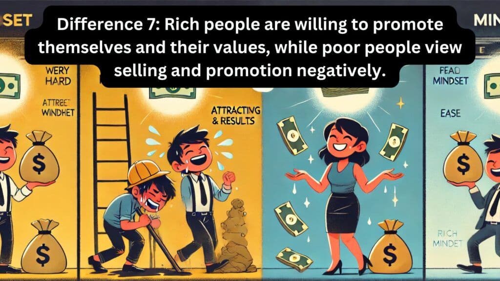 Difference 7: Rich people are willing to promote themselves and their values, while poor people view selling and promotion negatively.